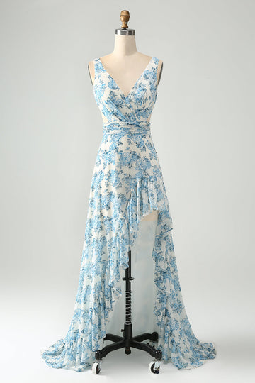 A Line White Blue Flower Ruffled High-Low Dress